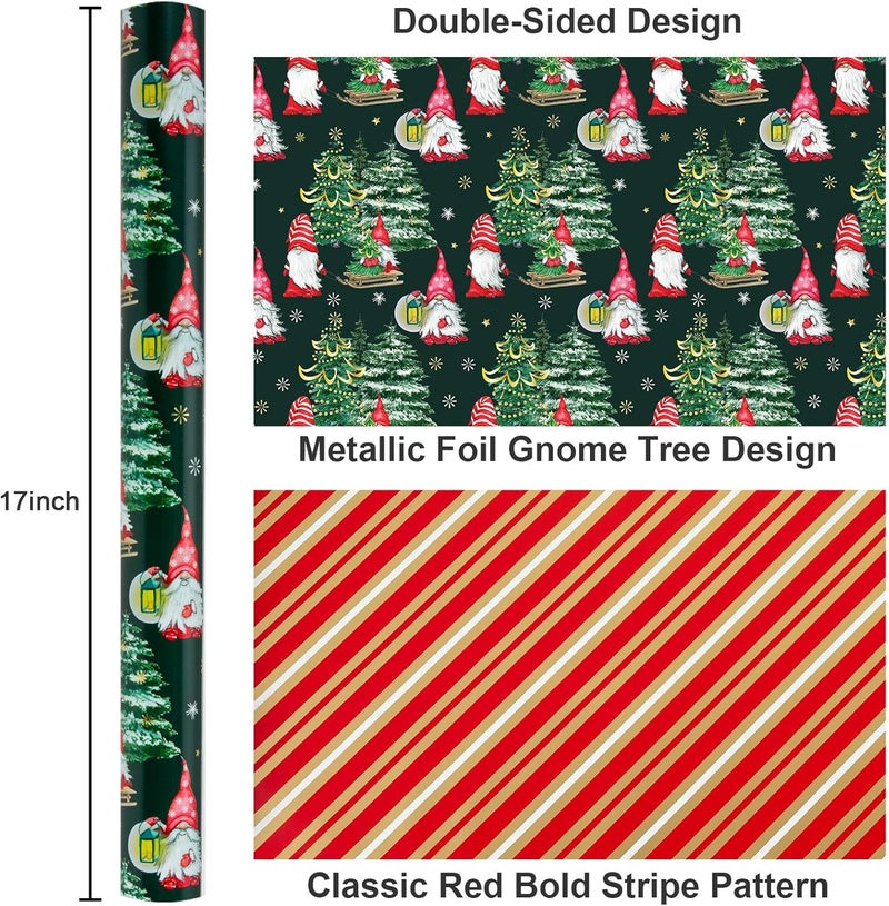 Yarcony Green Christmas Wrapping Paper Roll, Gnome Wrapping Paper, Cute Woodland Gnome, Christmas Tree Snowflake Gift Wrap for Presents Decoration,Seasonal Packaging Supplies (17 Inch X 33 Feet) - Image 3